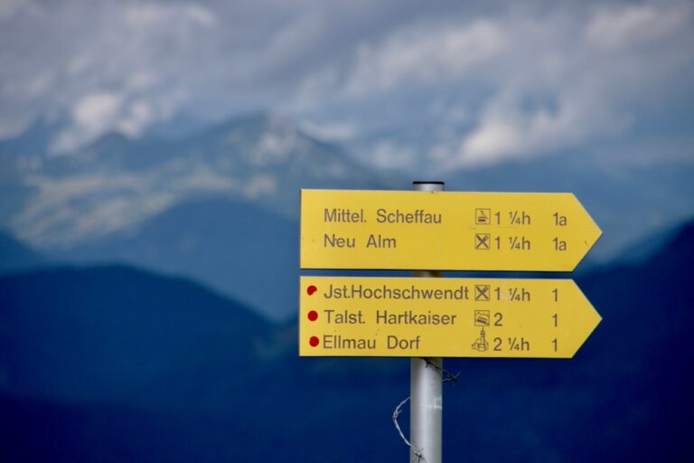 Söll,,Austria,,July,30,,2014.,Yellow,Direction,Sign,With,Mountains