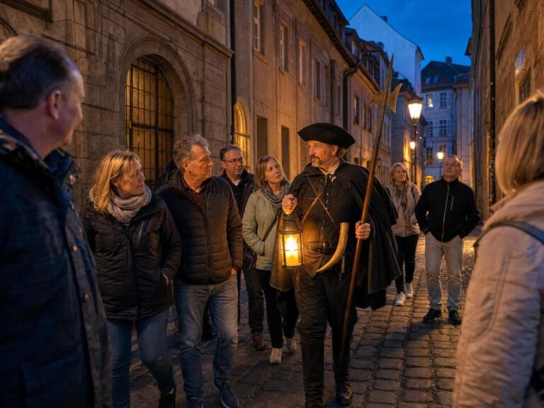 Nachtwächter mit Laterne führt eine Reisegruppe durch Würzburgs Altstadt
