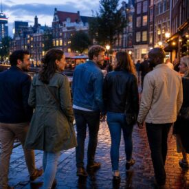 Gruppe bei einer Amsterdam-Gruppenreise am Kanal auf dem Weg ins Nachtleben