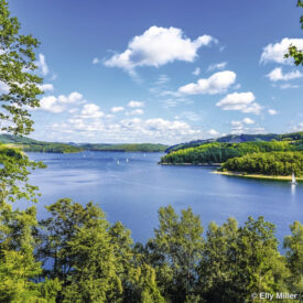 Blick auf den Biggesee mit bewaldeten Ufern und Segelbooten.