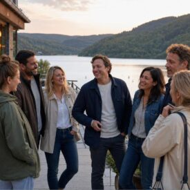 Gruppe auf einer Terrasse am See bei einem Sauerland-Wochenende