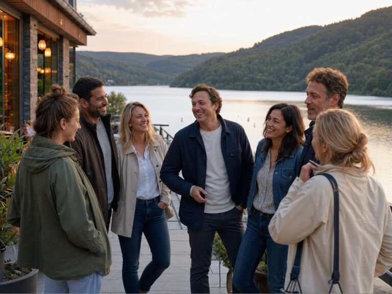 Gruppe auf einer Terrasse am See bei einem Sauerland-Wochenende