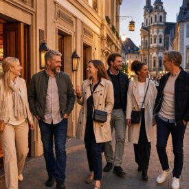 Gruppe bei einem Fulda-Wochenende in der Altstadt vor warm beleuchtetem Hotel oder Restaurant