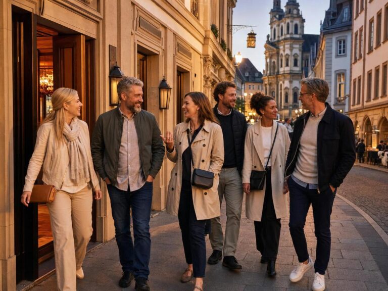 Gruppe bei einem Fulda-Wochenende in der Altstadt vor warm beleuchtetem Hotel oder Restaurant