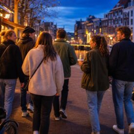 Gruppe bei einem Groningen-Wochenende am Kanal nach einem Walking-Dinner