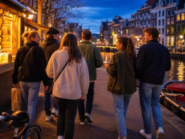 Gruppe bei einem Groningen-Wochenende am Kanal nach einem Walking-Dinner