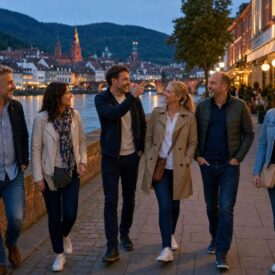 Gruppe bei einer Heidelberg-Wochenendreise am Neckar mit Altstadt im Hintergrund