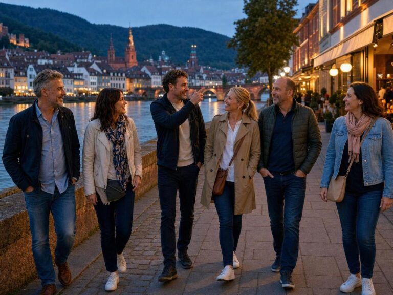 Gruppe bei einer Heidelberg-Wochenendreise am Neckar mit Altstadt im Hintergrund