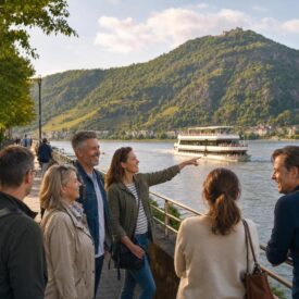 Reisende an der Rheinpromenade in Königswinter mit Ausflugsschiff und Drachenfels im Hintergrund