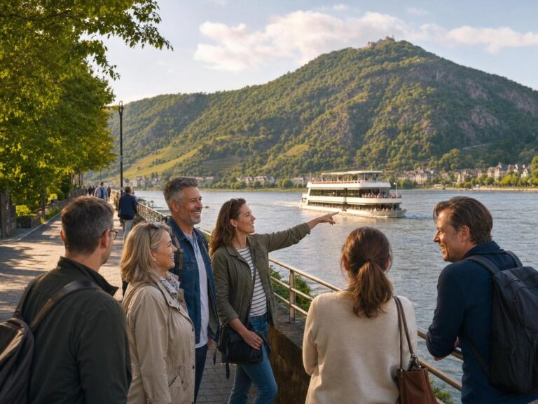 Reisende an der Rheinpromenade in Königswinter mit Ausflugsschiff und Drachenfels im Hintergrund