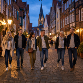 Gruppe bei einem Lüneburg-Kurztrip in einer warm beleuchteten Fachwerk-Altstadt am Abend