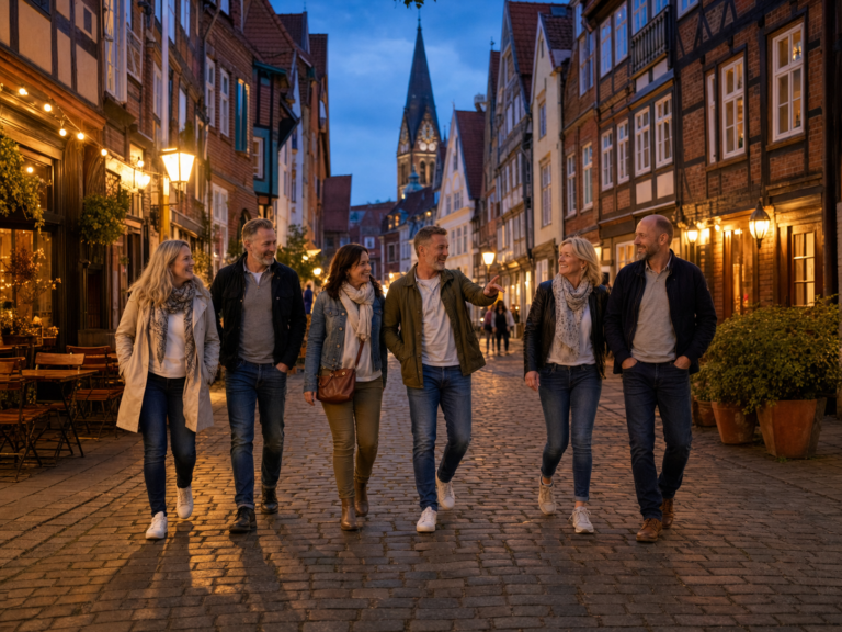 Gruppe bei einem Lüneburg-Kurztrip in einer warm beleuchteten Fachwerk-Altstadt am Abend