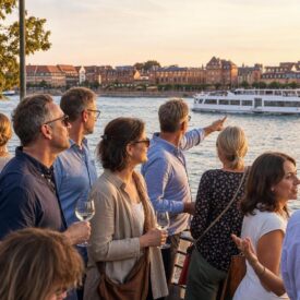 Freundesgruppe bei einem sommerlichen Rheinabend in Mainz