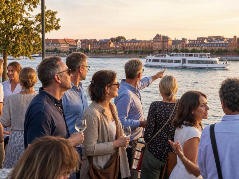 Freundesgruppe bei einem sommerlichen Rheinabend in Mainz