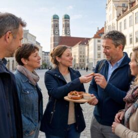Reisegruppe bei einer geführten Schmankerlpause vor der Münchner Frauenkirche