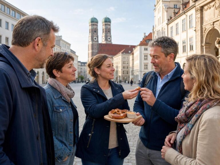 Reisegruppe bei einer geführten Schmankerlpause vor der Münchner Frauenkirche