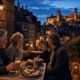Freundesgruppe bei einem Nürnberg-Wochenende mit Blick auf die Kaiserburg am Abend