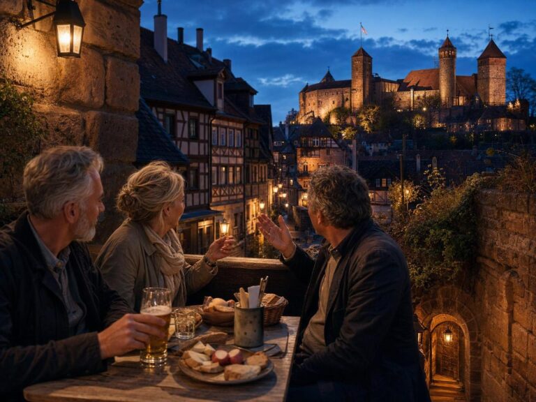 Freundesgruppe bei einem Nürnberg-Wochenende mit Blick auf die Kaiserburg am Abend