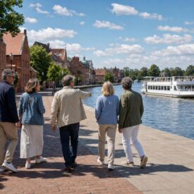 Fünf Erwachsene spazieren in Potsdam am Havelufer, während ein Ausflugsschiff vorbeifährt