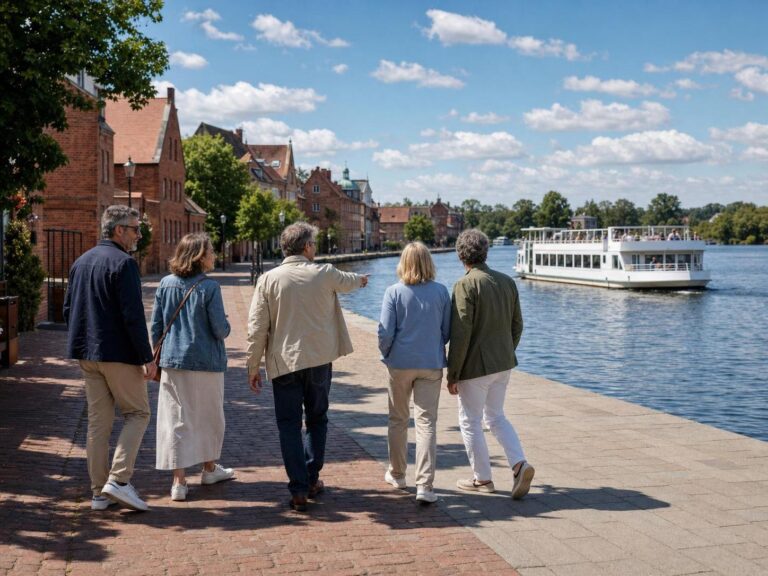 Fünf Erwachsene spazieren in Potsdam am Havelufer, während ein Ausflugsschiff vorbeifährt
