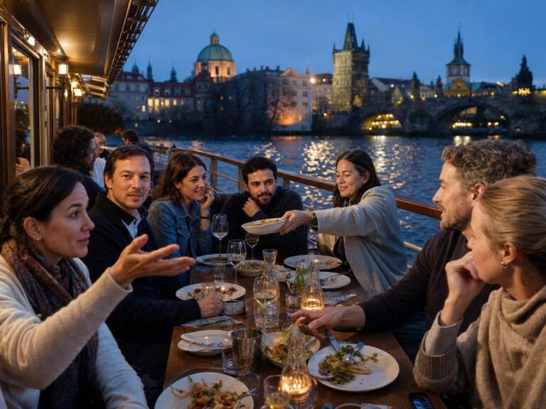 Freundesgruppe beim Abendessen auf einem Moldauschiff vor der Prager Altstadt