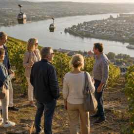 Reisegruppe bei einer Weinprobe in den Rüdesheimer Weinbergen mit Seilbahn und Rhein im Hintergrund