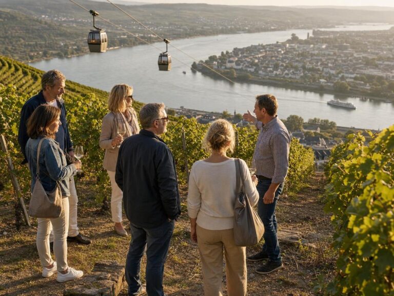 Reisegruppe bei einer Weinprobe in den Rüdesheimer Weinbergen mit Seilbahn und Rhein im Hintergrund