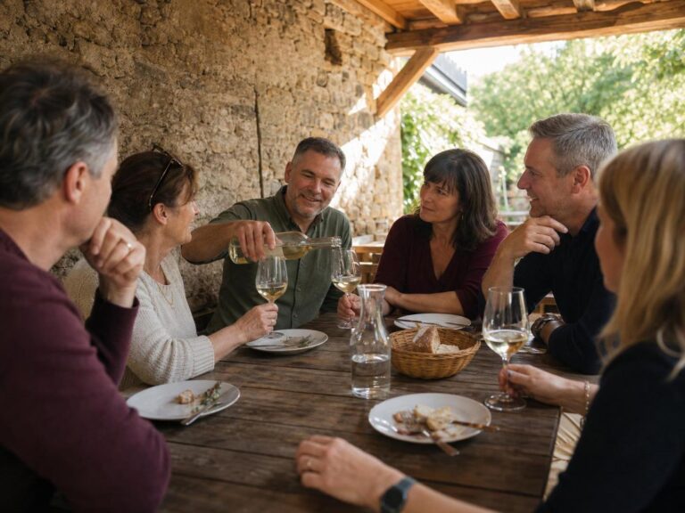 Freunde bei einer gemeinsamen Weinprobe an einer Pfälzer Mittagstafel