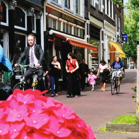 Blumen und historische Häuser an einer Gracht in Delft