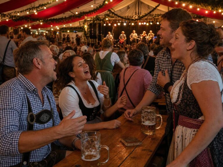 Freundesgruppe in Tracht feiert ausgelassen im Festzelt beim Oktoberfest Münster