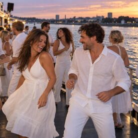 Gäste in weißer Kleidung tanzen bei Sonnenuntergang auf einem Rheinschiff in Düsseldorf