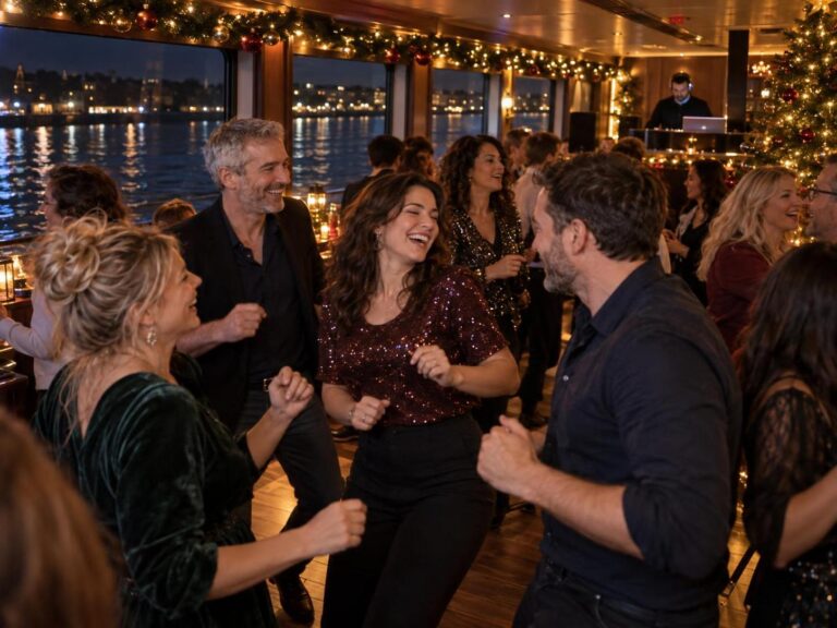 Gäste tanzen auf einem weihnachtlich geschmückten Partyschiff in Köln