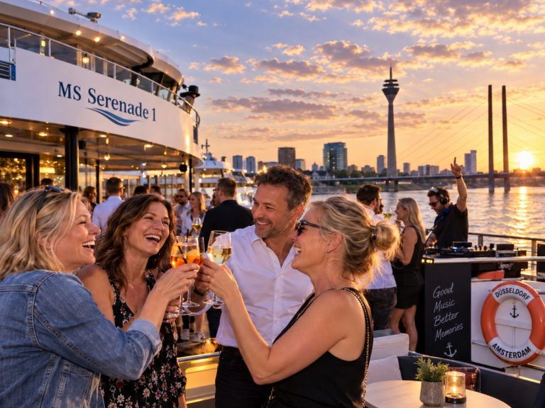 Vier Gäste stoßen bei Sonnenuntergang auf dem Deck der MS Serenade 1 vor der Düsseldorfer Skyline an
